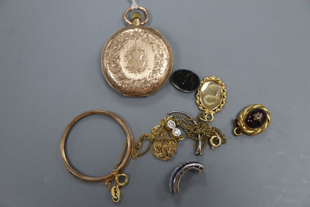 Mixed jewellery including an Italian 750 and two stone diamond pendant necklace, a 9ct fob watch(a.f.) etc.